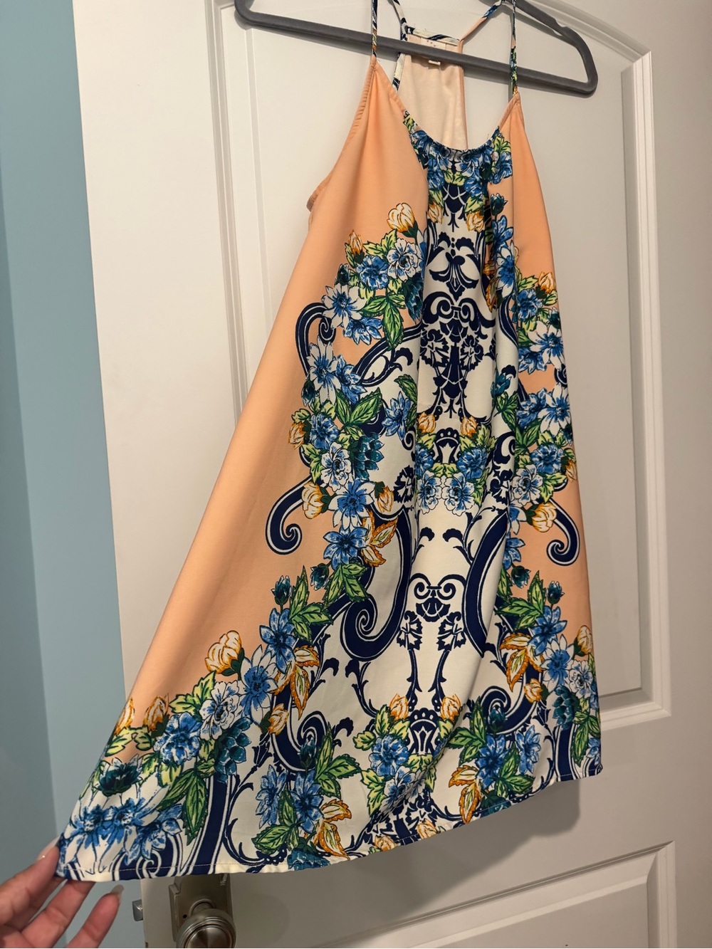 Pink Owl Peach Halter Mini Dress with Blue Floral & Navy Scrolls